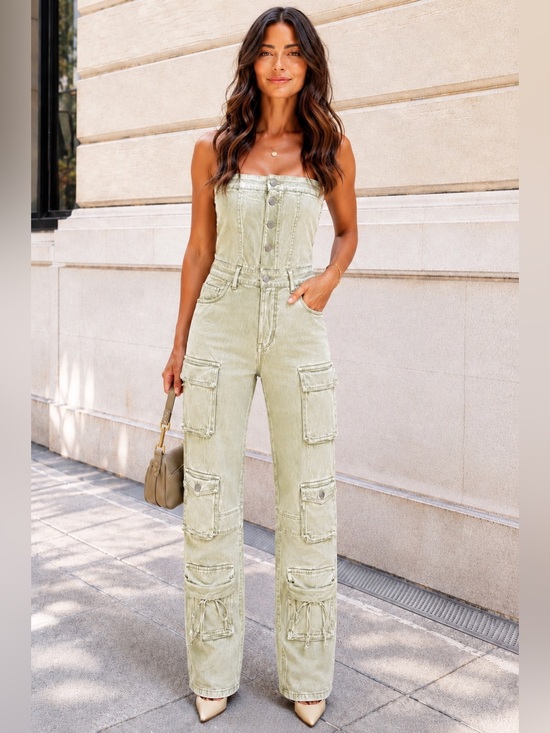 Daisy Denim - NWT Daisy SZ S Strapless Cargo Jumpsuit in Sage Green/Bust 24”-32”